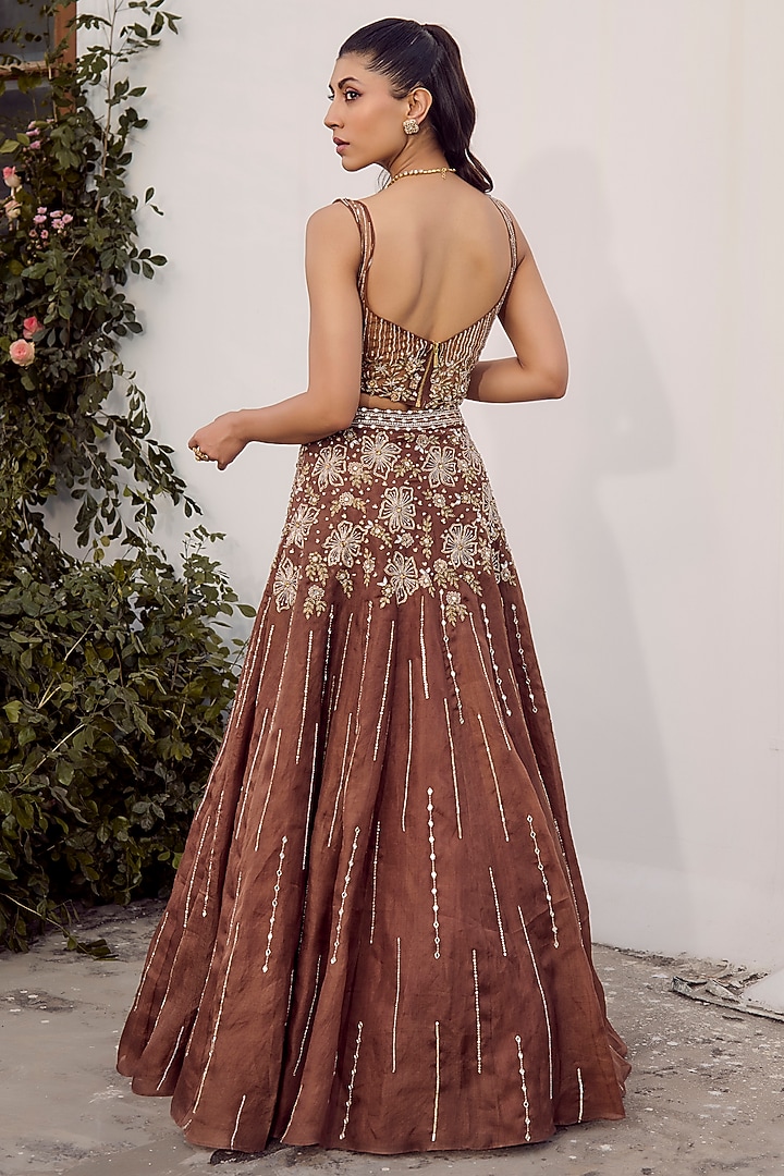 Mocha Brown Silk Organza Hand Embroidered A-Line Wedding Lehenga Set by PARUL GANDHI at Pernia's Pop Up Shop