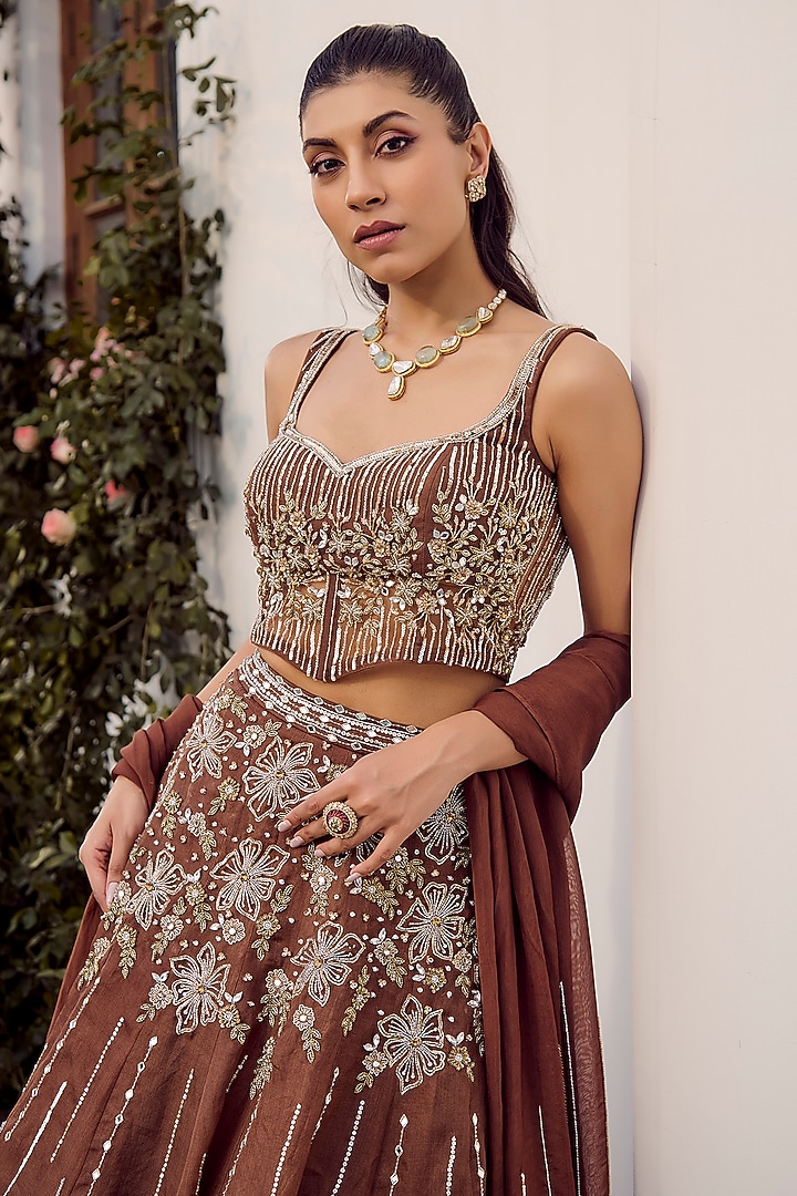 Mocha Brown Silk Organza Hand Embroidered A-Line Wedding Lehenga Set by PARUL GANDHI at Pernia's Pop Up Shop