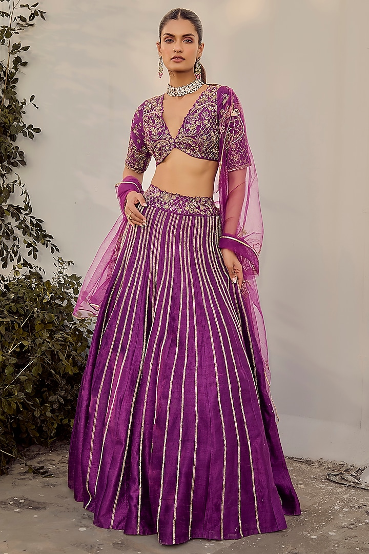 Purple Pure Raw Silk Hand Embroidered Wedding Lehenga Set by Parul Gandhi at Pernia's Pop Up Shop