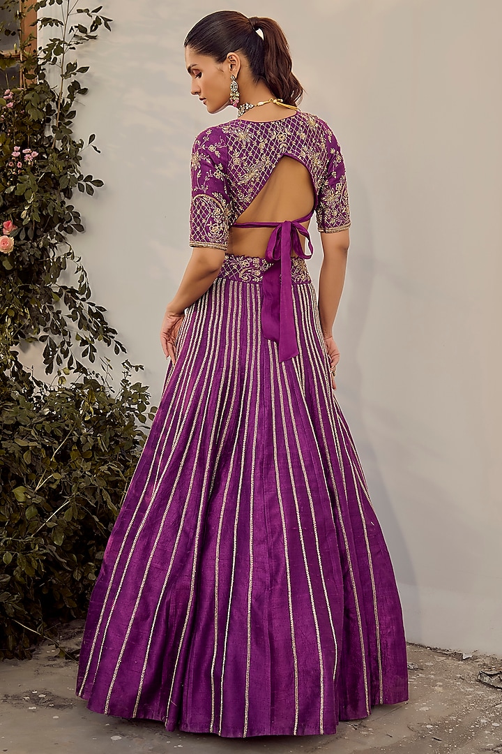 Purple Pure Raw Silk Hand Embroidered Wedding Lehenga Set by Parul Gandhi at Pernia's Pop Up Shop
