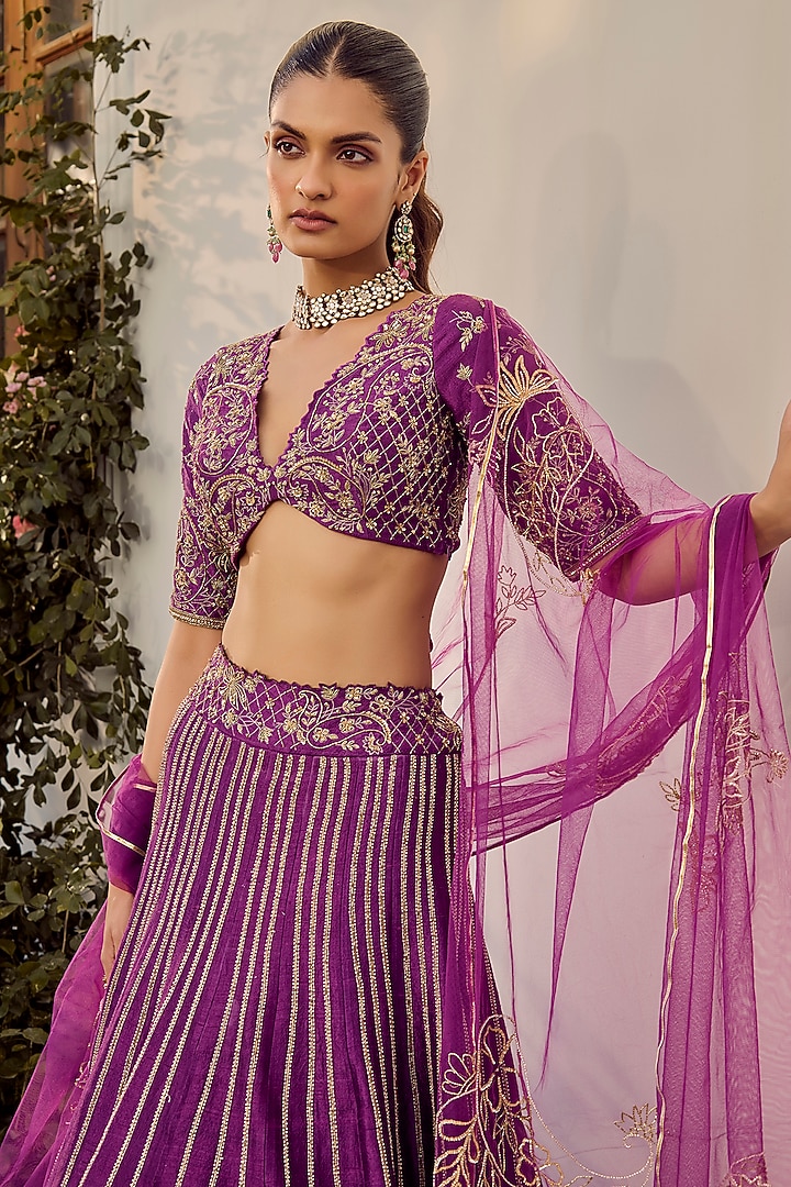 Purple Pure Raw Silk Hand Embroidered Wedding Lehenga Set by Parul Gandhi at Pernia's Pop Up Shop
