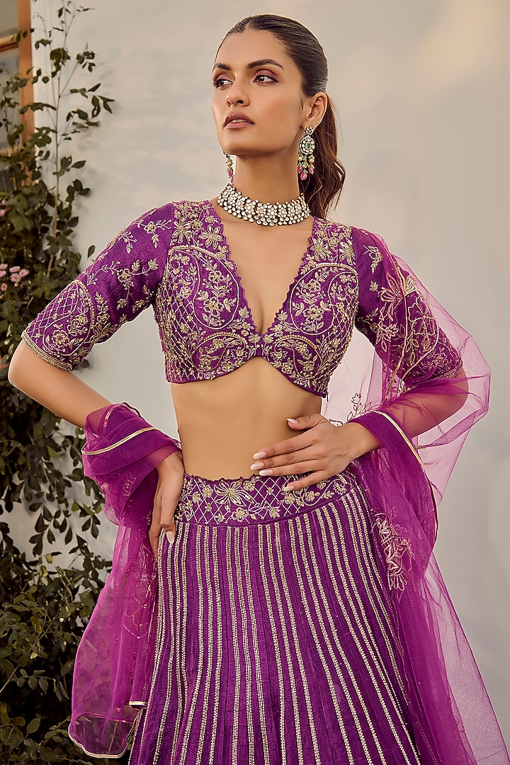 Purple Pure Raw Silk Hand Embroidered Wedding Lehenga Set by Parul Gandhi at Pernia's Pop Up Shop