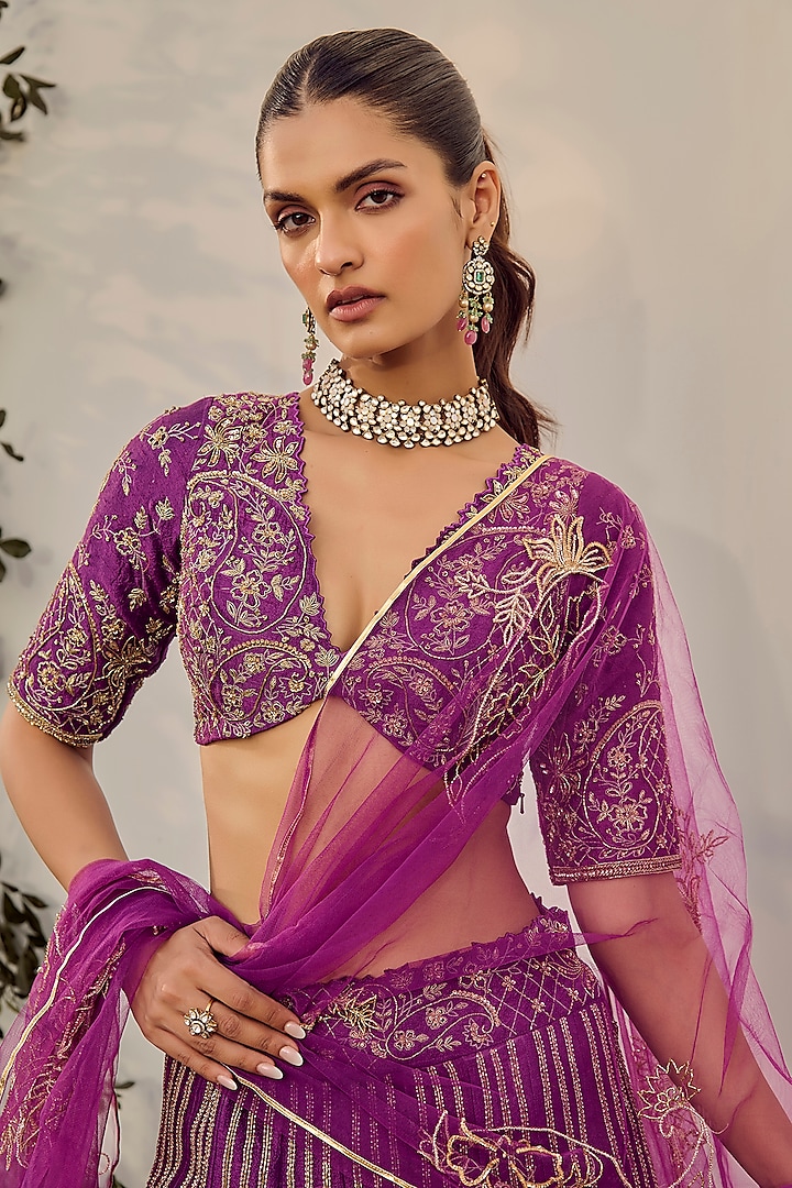 Purple Pure Raw Silk Hand Embroidered Wedding Lehenga Set by Parul Gandhi at Pernia's Pop Up Shop