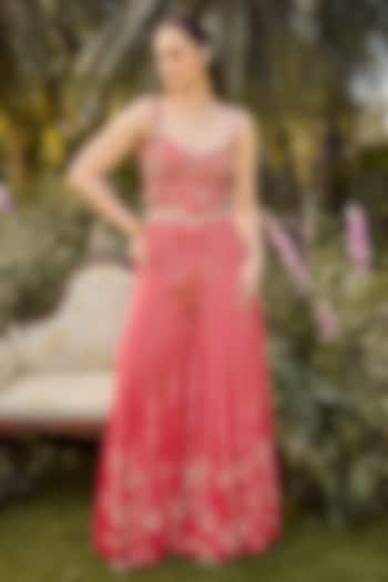 Hot Pink Pure Raw Silk & Organza Hand Embroidered Pant Set by Parul Gandhi at Pernia's Pop Up Shop