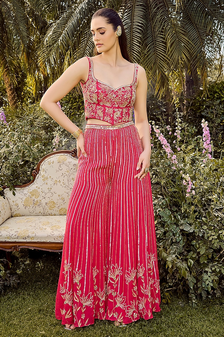 Hot Pink Pure Raw Silk & Organza Hand Embroidered Pant Set by Parul Gandhi at Pernia's Pop Up Shop