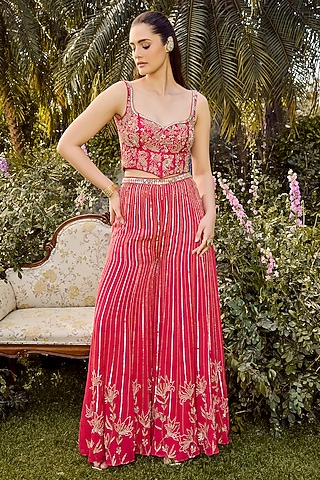 Hot Pink Pure Raw Silk & Organza Hand Embroidered Pant Set by Parul Gandhi