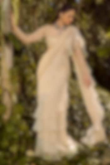 White Georgette & Organza Ruffled Draped Wedding Saree Set by Parul Gandhi at Pernia's Pop Up Shop