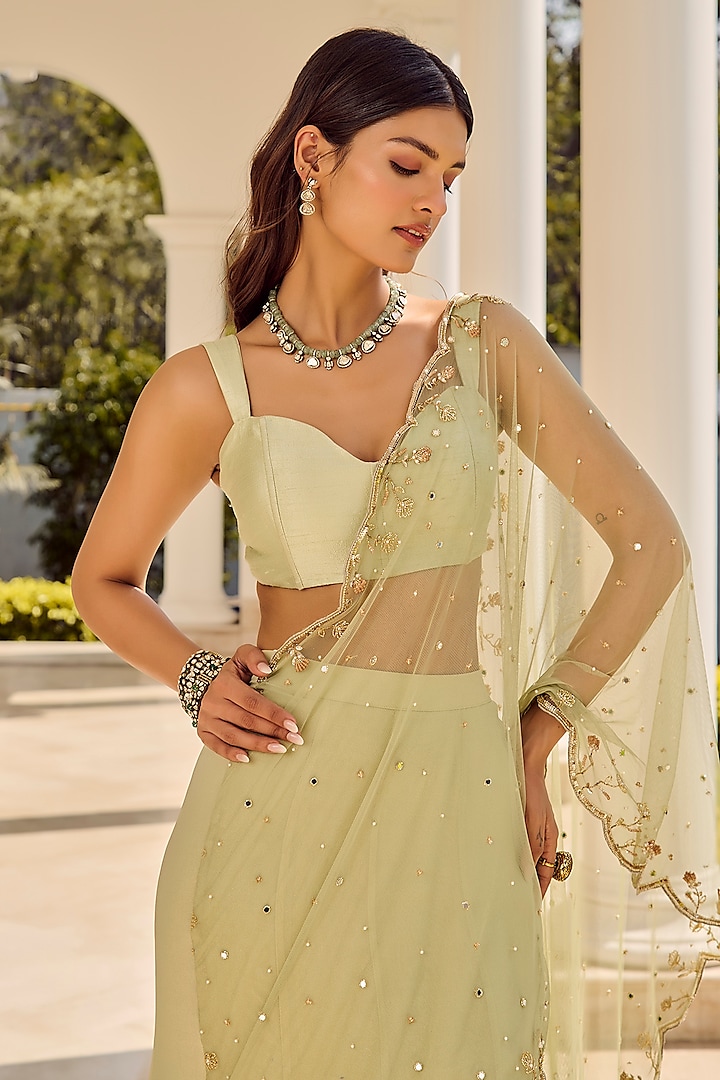 Pista Green Shimmer Georgette Hand Embroidered Draped Wedding Saree Set by Parul Gandhi at Pernia's Pop Up Shop
