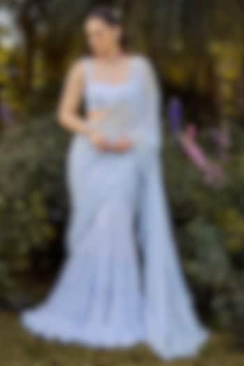 Powder Blue Flat Chiffon Hand Embroidered Tiered Wedding Saree Set by Parul Gandhi at Pernia's Pop Up Shop
