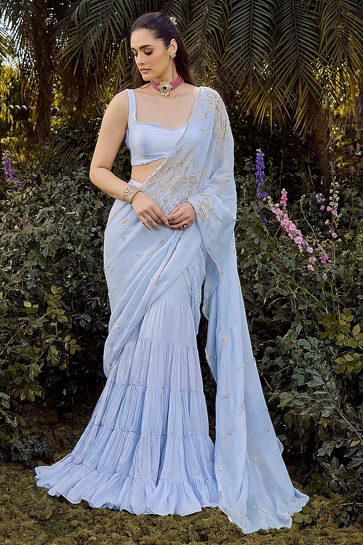Powder Blue Flat Chiffon Hand Embroidered Tiered Wedding Saree Set by Parul Gandhi at Pernia's Pop Up Shop