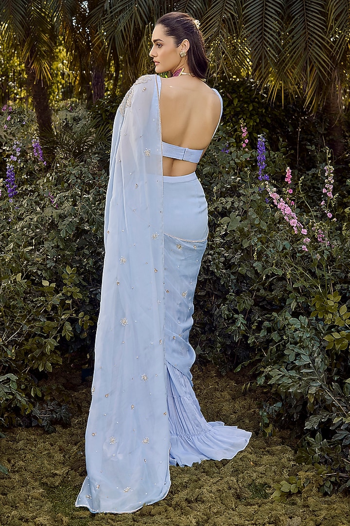 Powder Blue Flat Chiffon Hand Embroidered Tiered Wedding Saree Set by Parul Gandhi at Pernia's Pop Up Shop