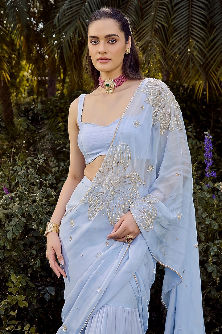 Powder Blue Flat Chiffon Hand Embroidered Tiered Wedding Saree Set by Parul Gandhi at Pernia's Pop Up Shop