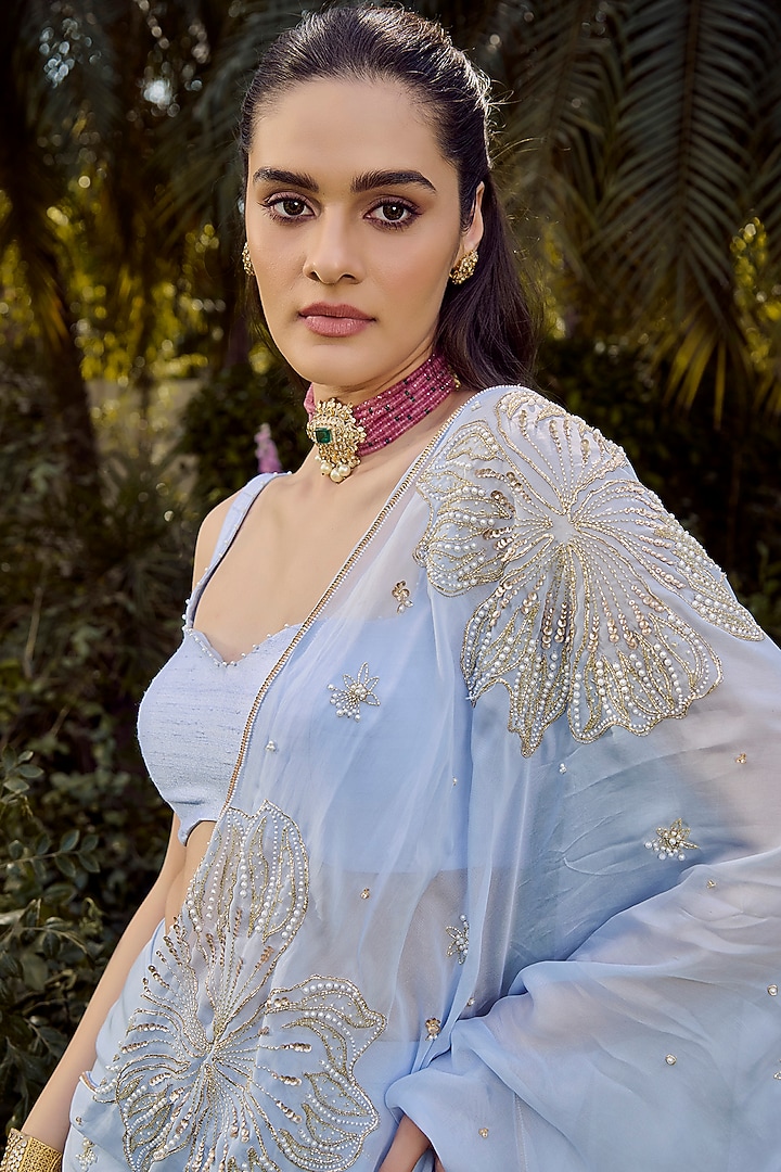 Powder Blue Flat Chiffon Hand Embroidered Tiered Wedding Saree Set by Parul Gandhi at Pernia's Pop Up Shop