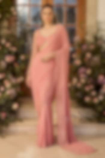 Blush Pink Flat Chiffon Hand Embroidered Wedding Saree Set by Parul Gandhi at Pernia's Pop Up Shop