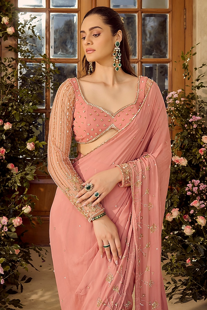 Blush Pink Flat Chiffon Hand Embroidered Wedding Saree Set by Parul Gandhi at Pernia's Pop Up Shop