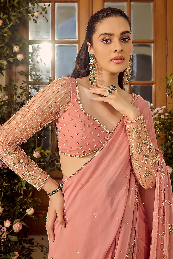 Blush Pink Flat Chiffon Hand Embroidered Wedding Saree Set by Parul Gandhi at Pernia's Pop Up Shop