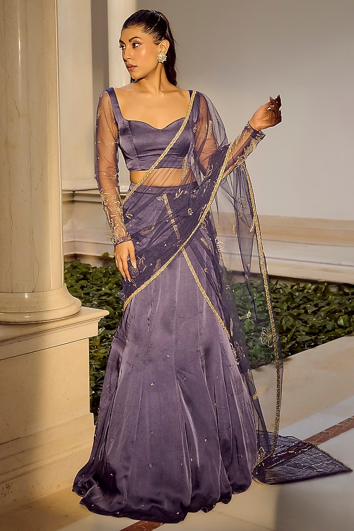 Dark Blue Silk Organza Embellished Wedding Saree Set by Parul Gandhi at Pernia's Pop Up Shop