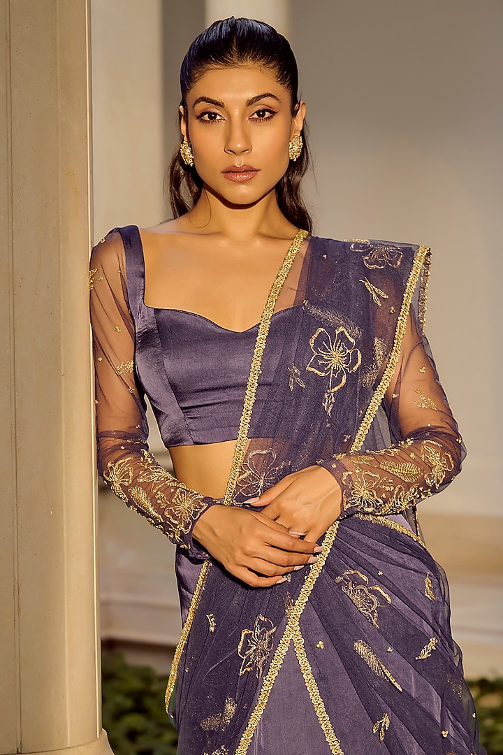 Dark Blue Silk Organza Embellished Wedding Saree Set by Parul Gandhi at Pernia's Pop Up Shop
