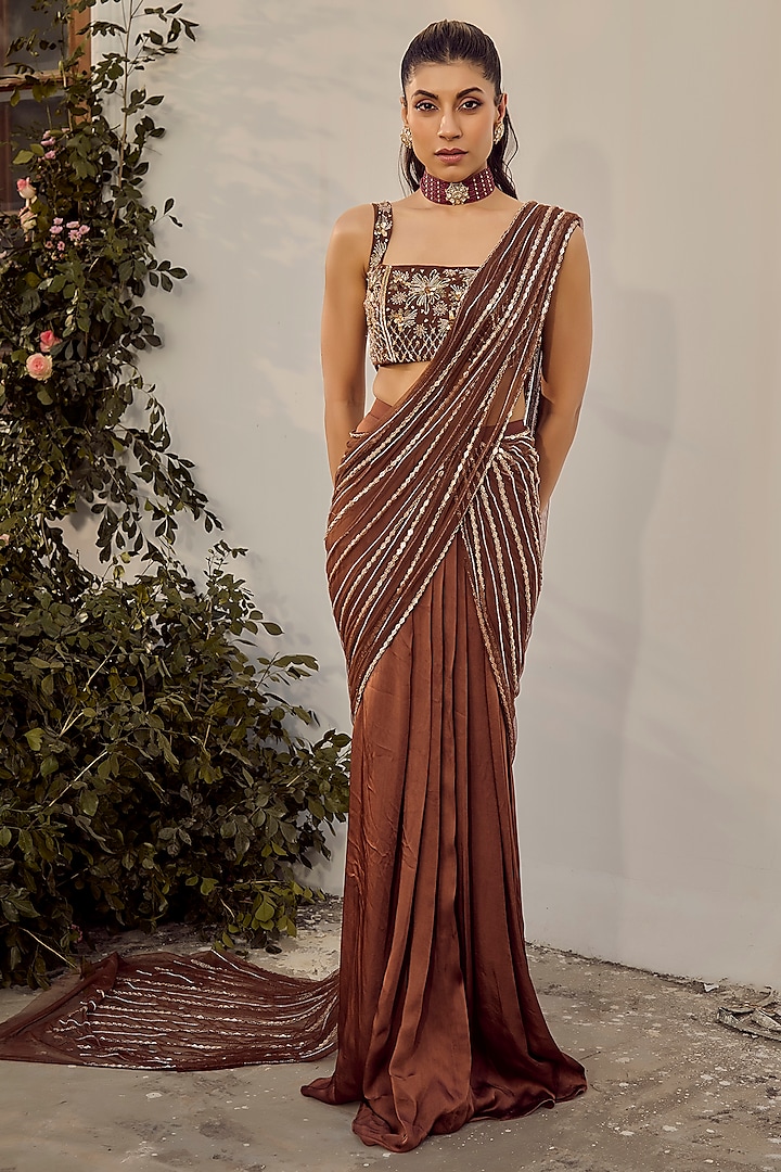 Mocha Brown Satin Georgette Wedding Saree Set by Parul Gandhi at Pernia's Pop Up Shop