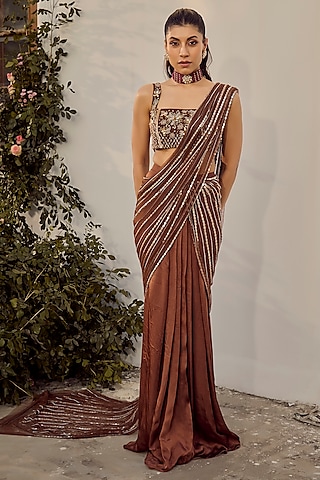 Mocha Brown Satin Georgette Saree Set by Parul Gandhi