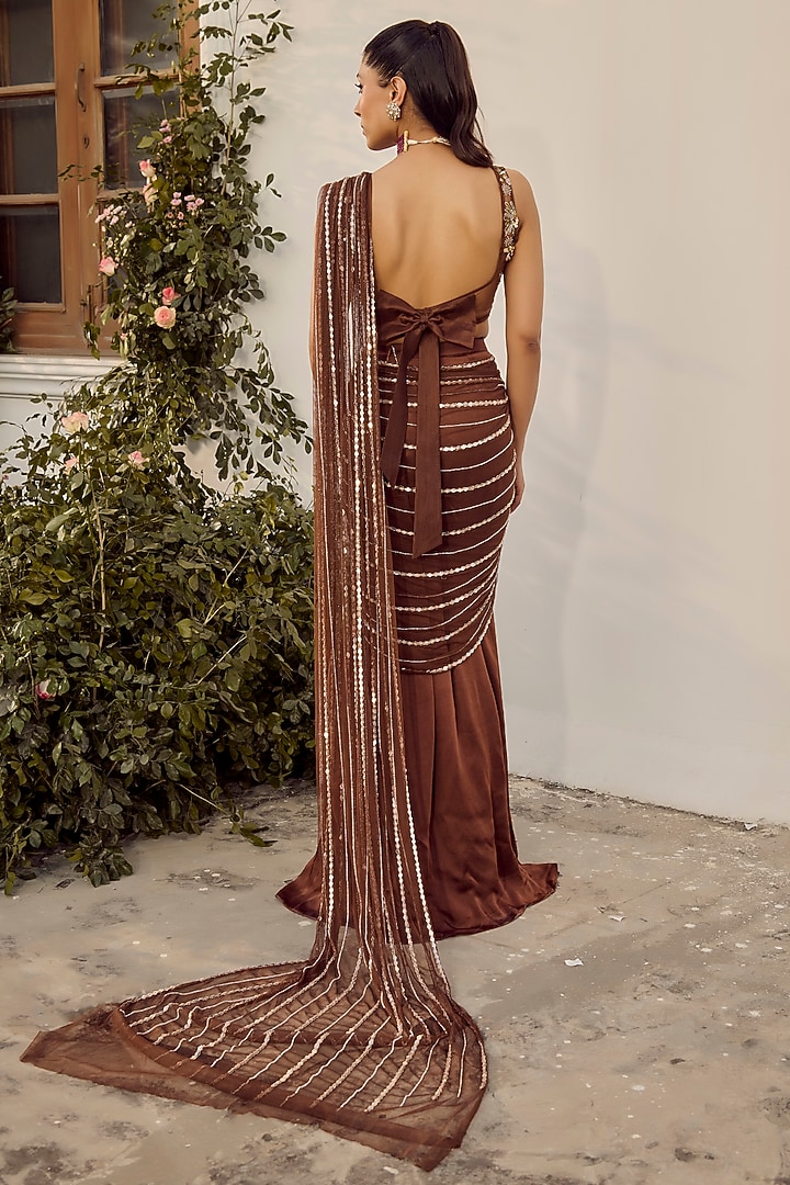 Mocha Brown Satin Georgette Wedding Saree Set by Parul Gandhi at Pernia's Pop Up Shop