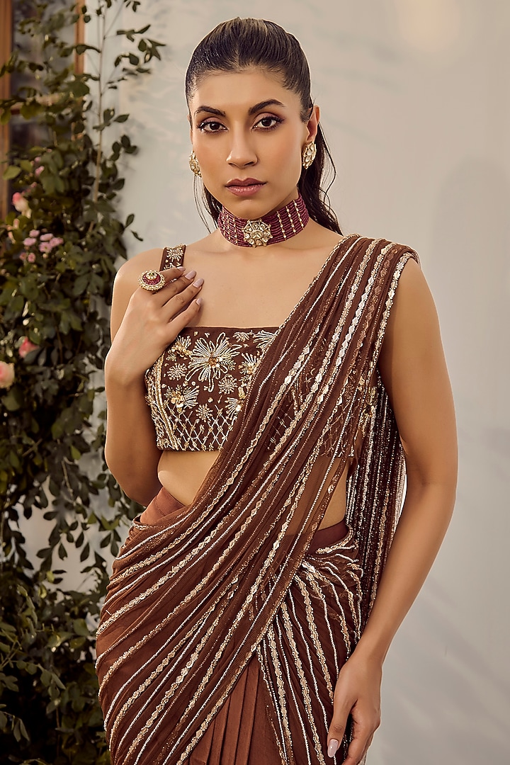 Mocha Brown Satin Georgette Wedding Saree Set by Parul Gandhi at Pernia's Pop Up Shop