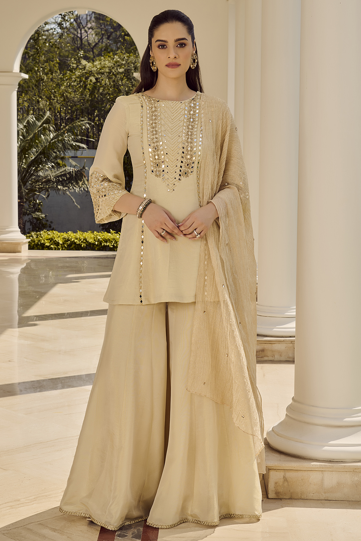 Off-White Tissue Wedding Sharara Set by Parul Gandhi at Pernia's Pop Up Shop