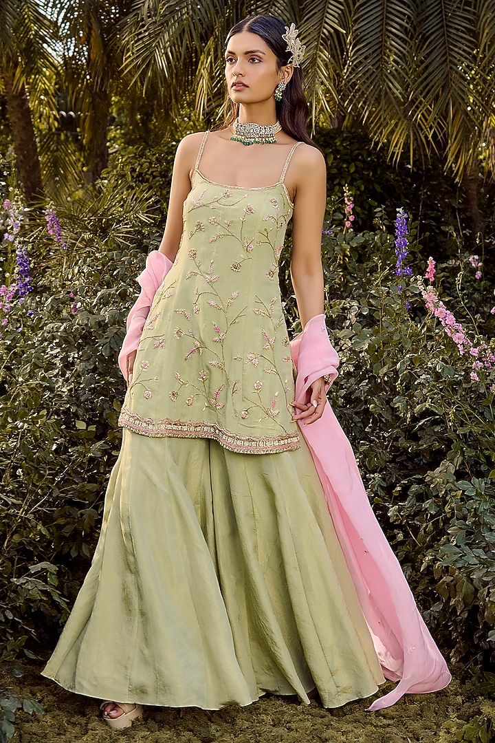 Pista Green Tissue Organza Wedding Sharara Set by Parul Gandhi at Pernia's Pop Up Shop