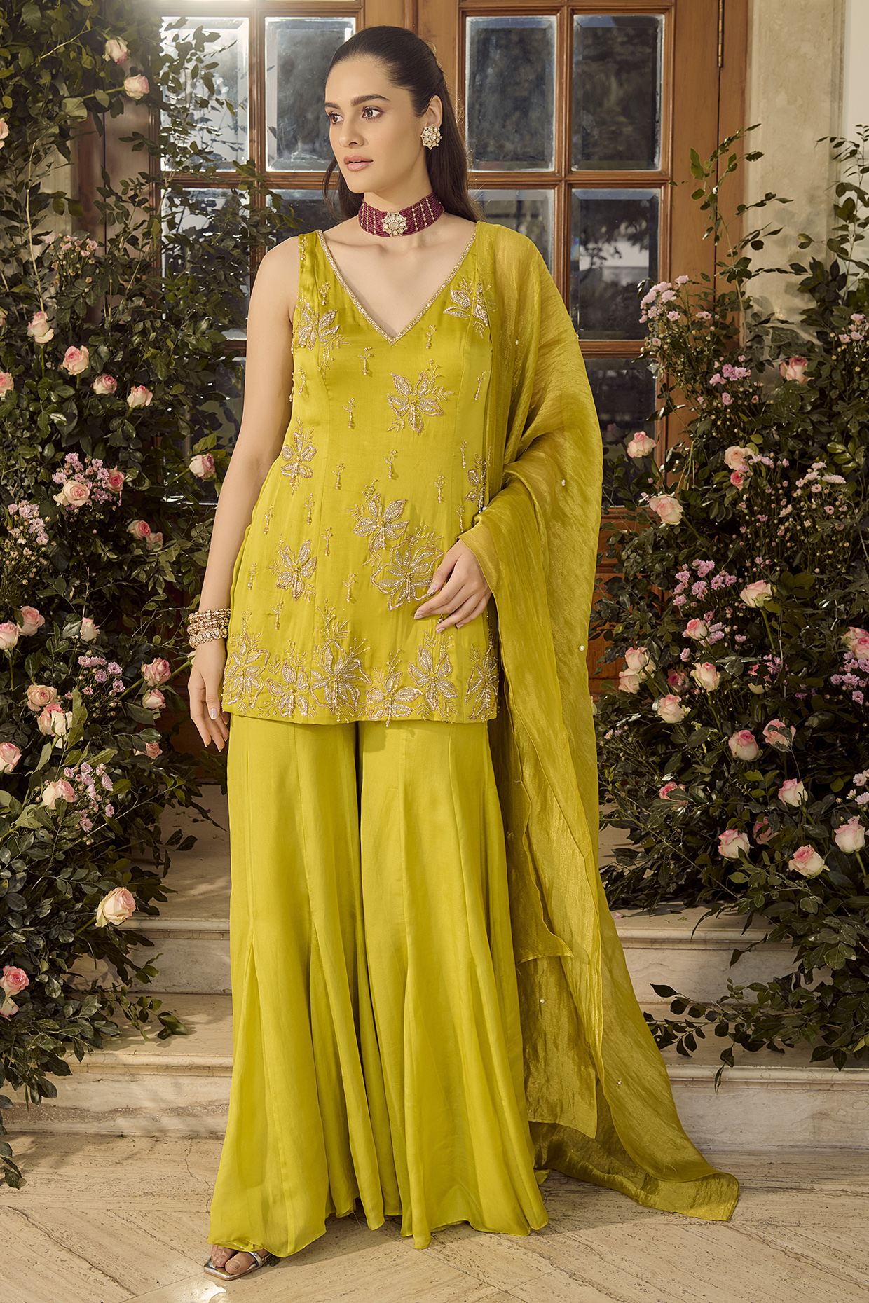 Lime Green Linen Satin Wedding Sharara Set by Parul Gandhi at Pernia's Pop Up Shop
