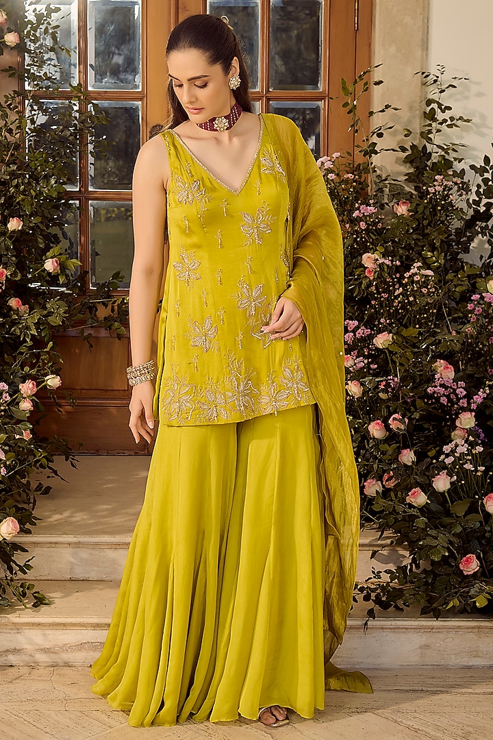 Lime Green Linen Satin Wedding Sharara Set by Parul Gandhi at Pernia's Pop Up Shop