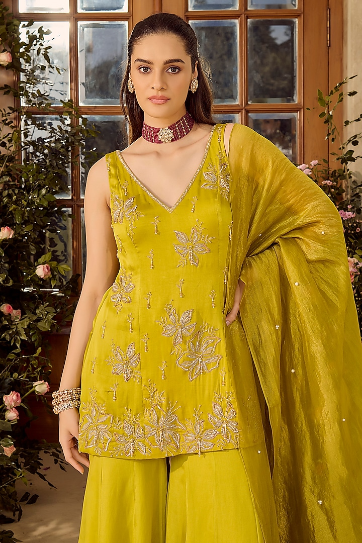 Lime Green Linen Satin Wedding Sharara Set by Parul Gandhi at Pernia's Pop Up Shop