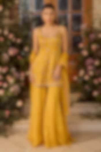 Mustard Linen Satin Wedding Sharara Set by Parul Gandhi at Pernia's Pop Up Shop