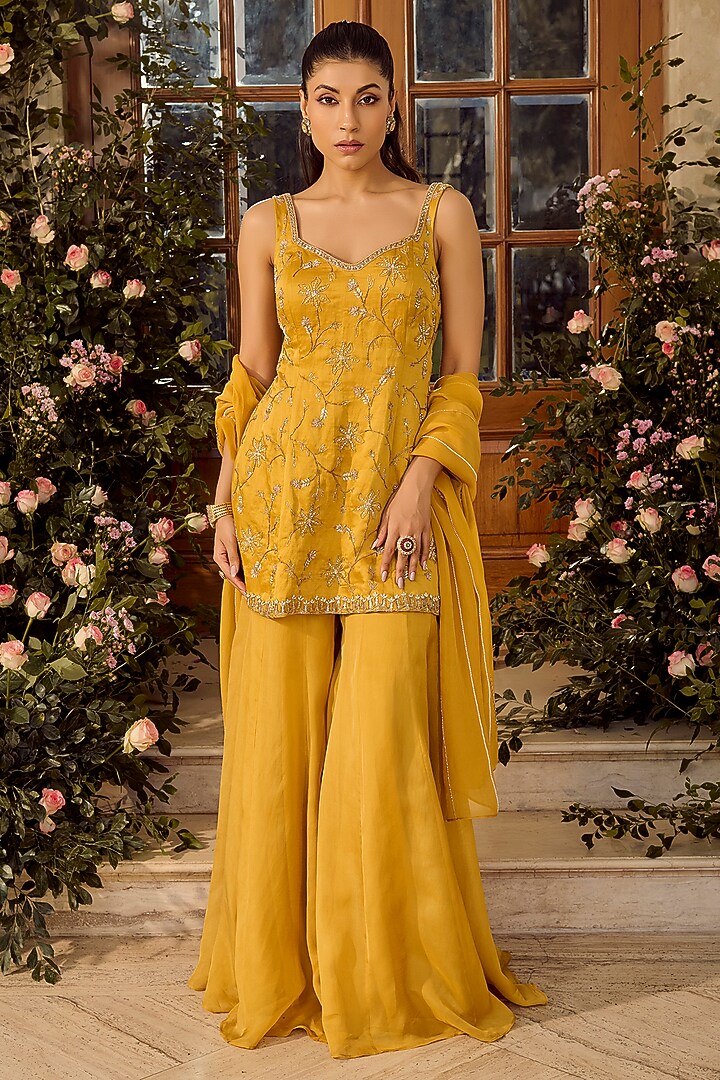 Mustard Linen Satin Wedding Sharara Set by Parul Gandhi at Pernia's Pop Up Shop