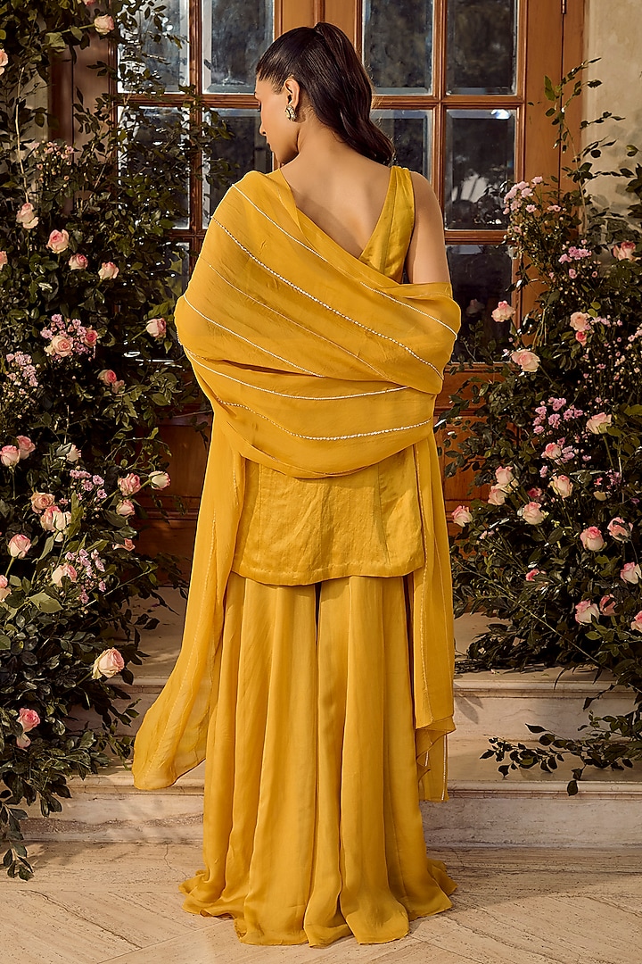 Mustard Linen Satin Wedding Sharara Set by Parul Gandhi at Pernia's Pop Up Shop