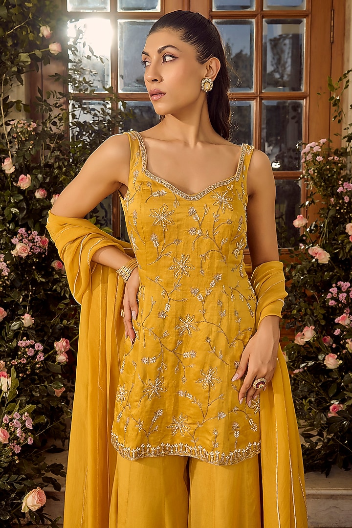 Mustard Linen Satin Wedding Sharara Set by Parul Gandhi at Pernia's Pop Up Shop