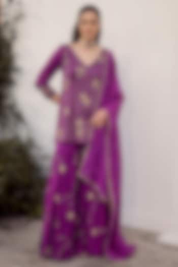 Purple Linen Satin Embroidered Wedding Sharara Set by Parul Gandhi at Pernia's Pop Up Shop