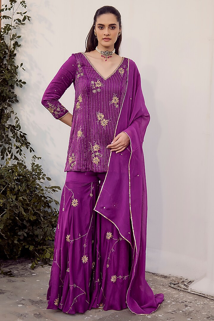 Purple Linen Satin Embroidered Wedding Sharara Set by Parul Gandhi at Pernia's Pop Up Shop