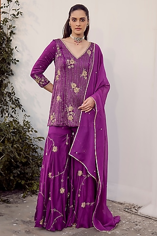 Purple Linen Satin Embroidered Sharara Set by Parul Gandhi