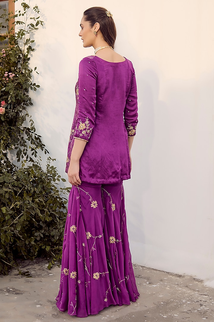 Purple Linen Satin Embroidered Wedding Sharara Set by Parul Gandhi at Pernia's Pop Up Shop