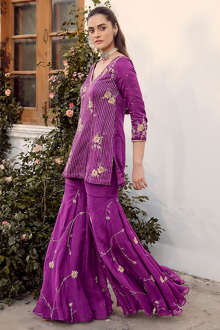 Purple Linen Satin Embroidered Wedding Sharara Set by Parul Gandhi at Pernia's Pop Up Shop