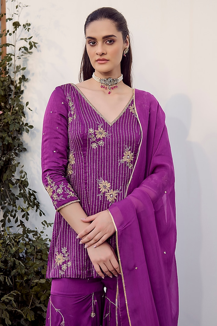 Purple Linen Satin Embroidered Wedding Sharara Set by Parul Gandhi at Pernia's Pop Up Shop