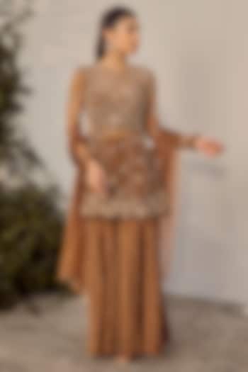 Mocha Brown Silk Organza Embroidered Wedding Sharara Set by Parul Gandhi at Pernia's Pop Up Shop