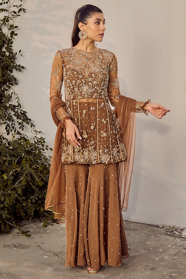 Mocha Brown Silk Organza Embroidered Wedding Sharara Set by Parul Gandhi at Pernia's Pop Up Shop