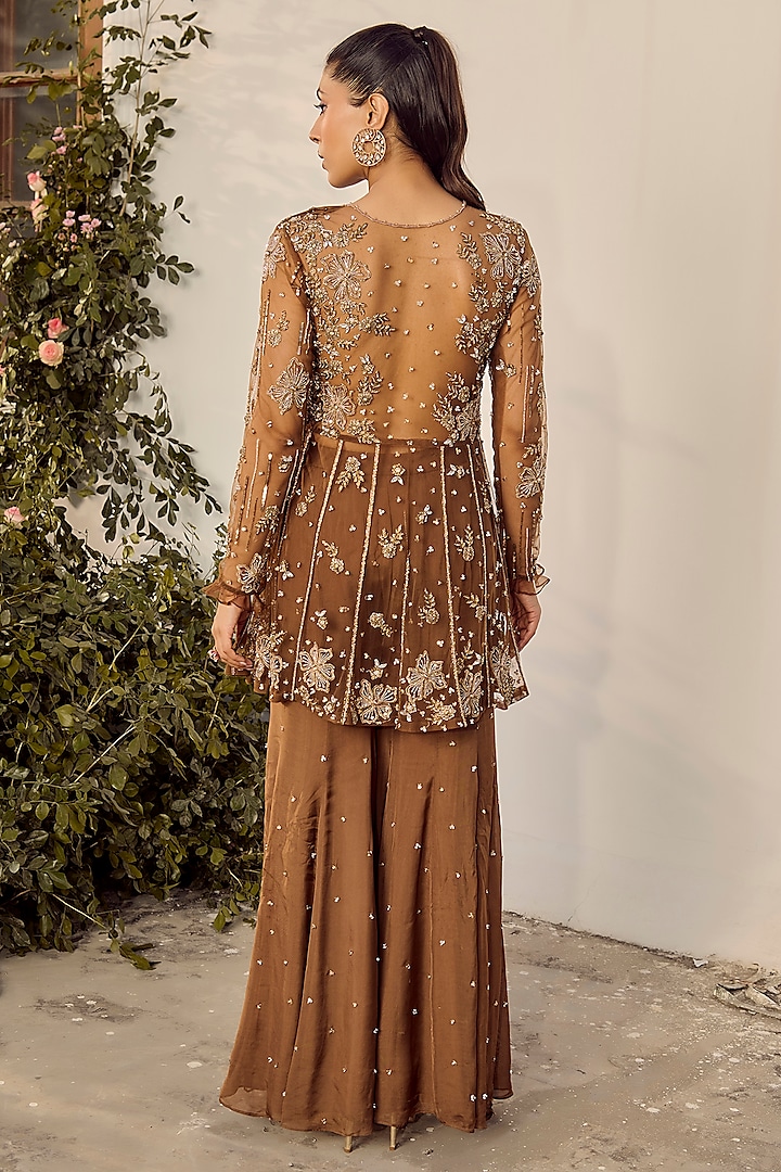 Mocha Brown Silk Organza Embroidered Wedding Sharara Set by Parul Gandhi at Pernia's Pop Up Shop