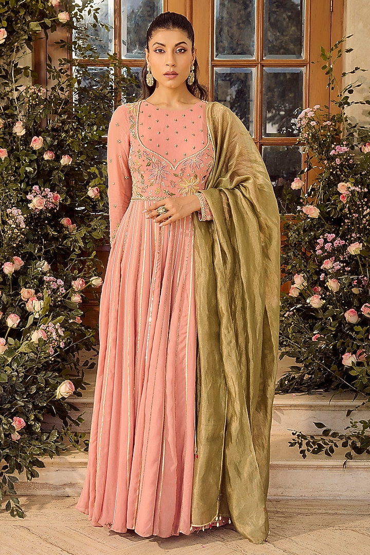 Pink Shimmer Georgette Resham Embellished Wedding Anarkali Set by Parul Gandhi at Pernia's Pop Up Shop