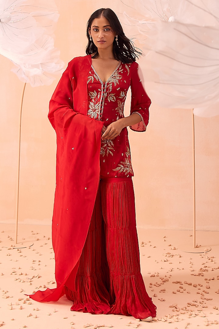 Red Linen Satin & Flat Chiffon Tiered Sharara Set by PARUL GANDHI at Pernia's Pop Up Shop