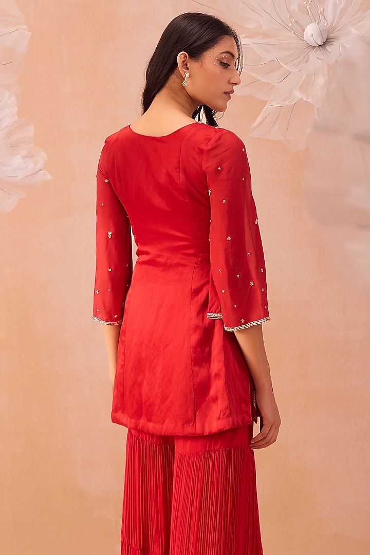 Red Linen Satin & Flat Chiffon Tiered Wedding Sharara Set by PARUL GANDHI at Pernia's Pop Up Shop