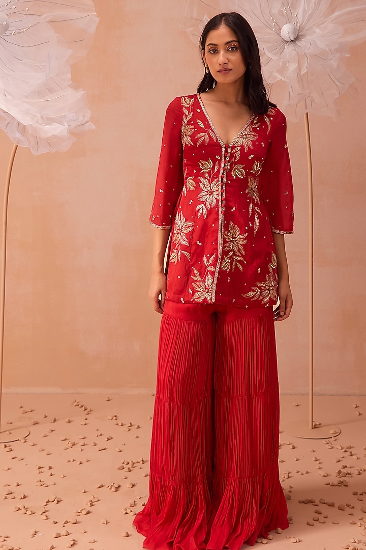Red Linen Satin & Flat Chiffon Tiered Wedding Sharara Set by PARUL GANDHI at Pernia's Pop Up Shop