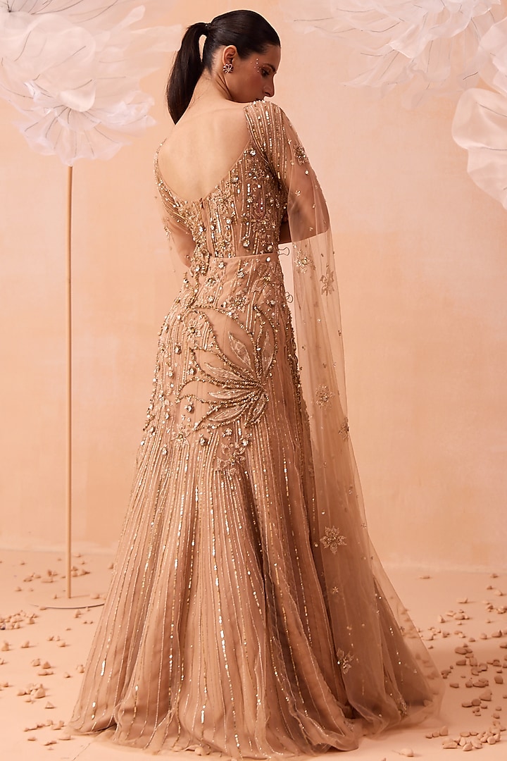 Gold Net Floral & Sequins Hand Embroidered Wedding Gown by PARUL GANDHI at Pernia's Pop Up Shop