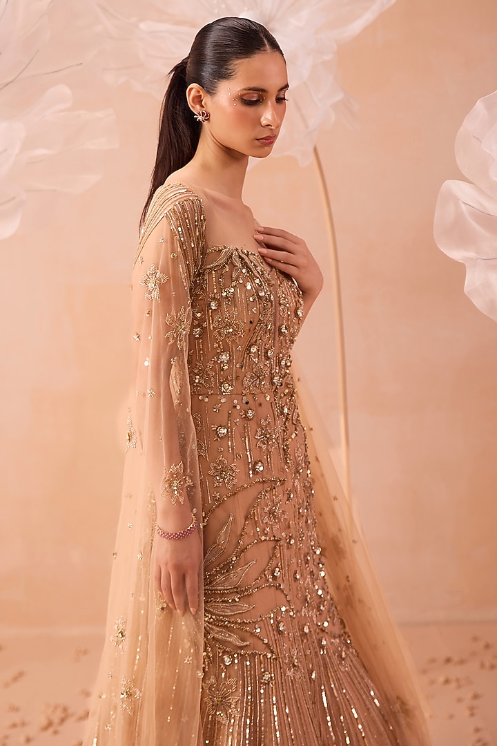 Gold Net Floral & Sequins Hand Embroidered Wedding Gown by PARUL GANDHI at Pernia's Pop Up Shop